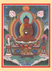 Открытка Амитабха в сопровождении Бодхисаттвы Махастхамапрапты и Ваджрапани (12 х 16 см). 