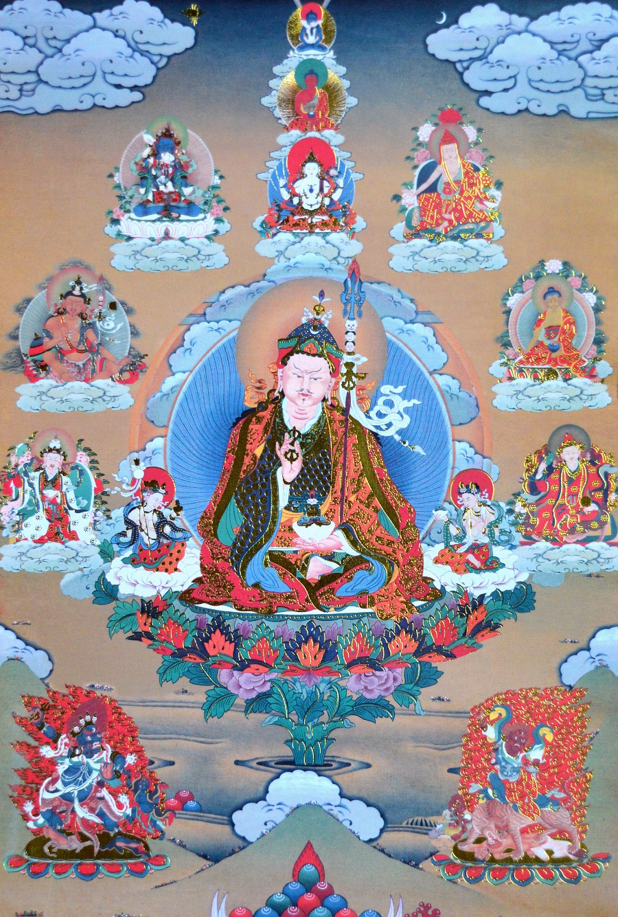 Тханка Гуру Падмасамбхава в окружении божеств (печатная, 39,5 х 62 см)