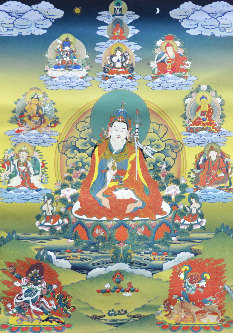Тханка Гуру Падмасамбхава в окружении божеств (печатная, тханка 51 х 82 см, изображение 32 х 44,5 см)
