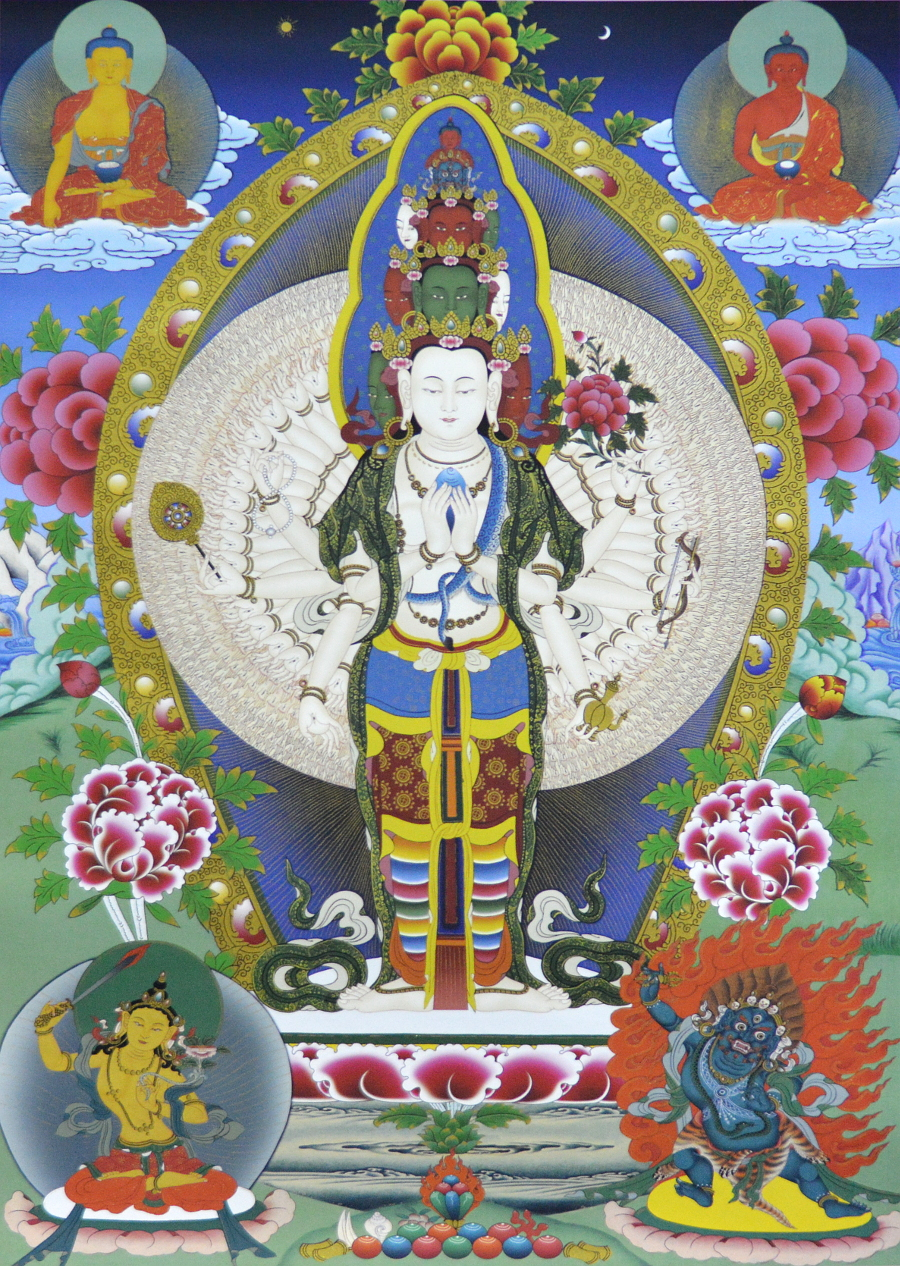 Тханка Ригсум гон-по (Авалокитешвара, Манджушри и Ваджрапани) (печатная, ~51 х 83 см)