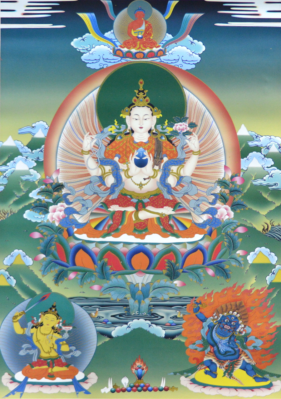 Тханка Ригсум гон-по (Авалокитешвара в позе лотоса, Манджушри и Ваджрапани) (печатная, 51 х 83 см)