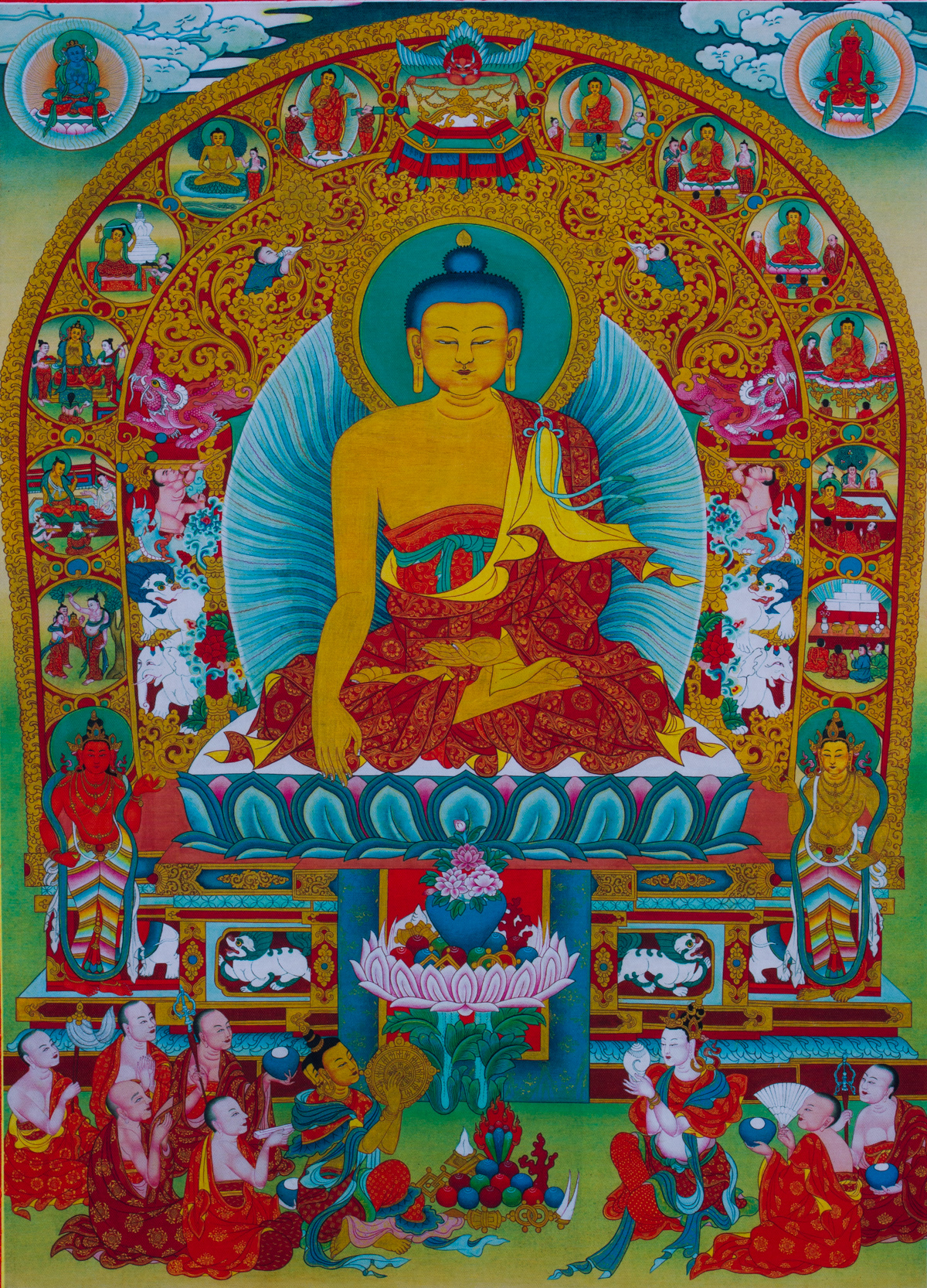 Тханка Будда Шакьямуни в окружении знаменательных событий из жизни (печатная, ~51 х 83 см)