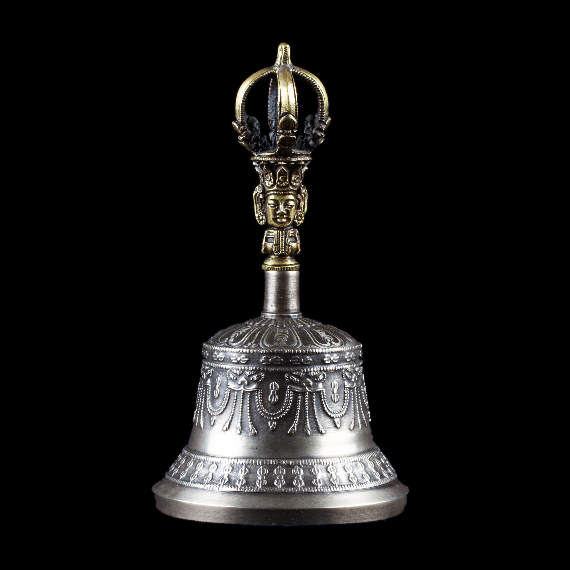 Колокольчик с ваджрой, 15 см, Оригинальный колокольчик из Дехрадуна (Индия), серебристый, патинированный