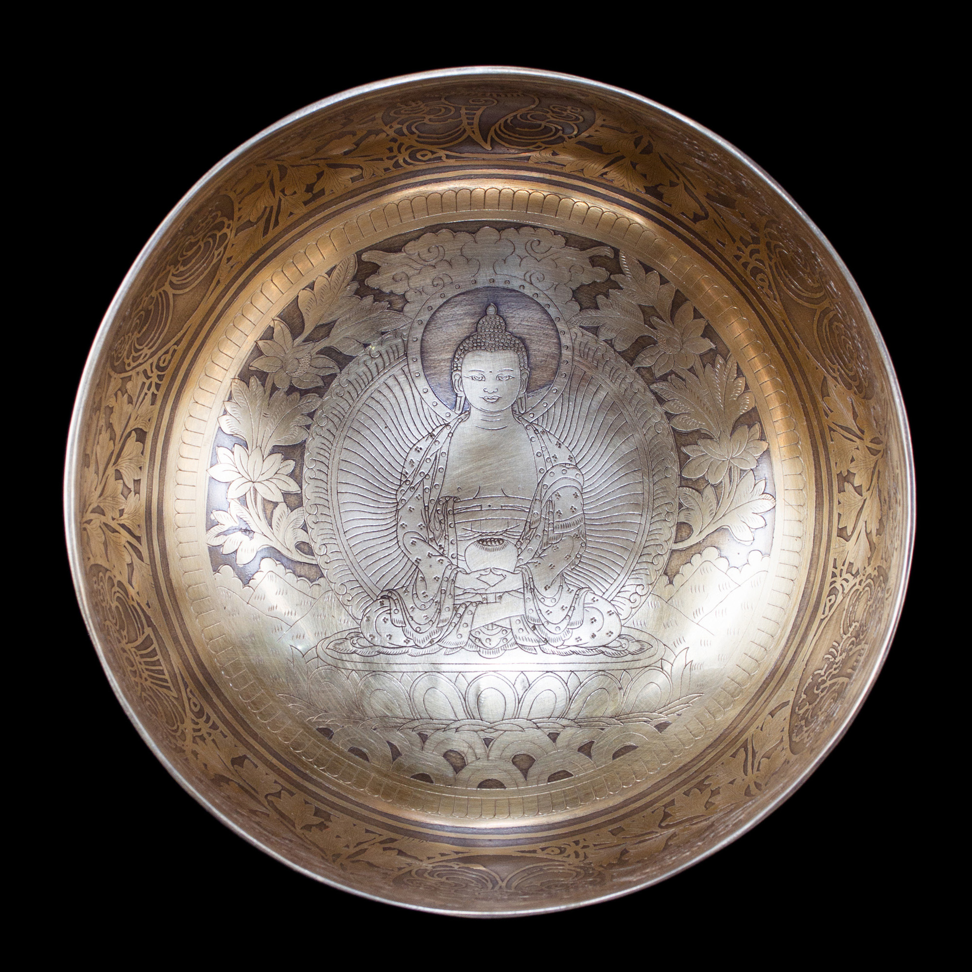 Поющая чаша №2, улучшенный сплав, с гравировкой Будда Амитабха (24,5 x 11 см)