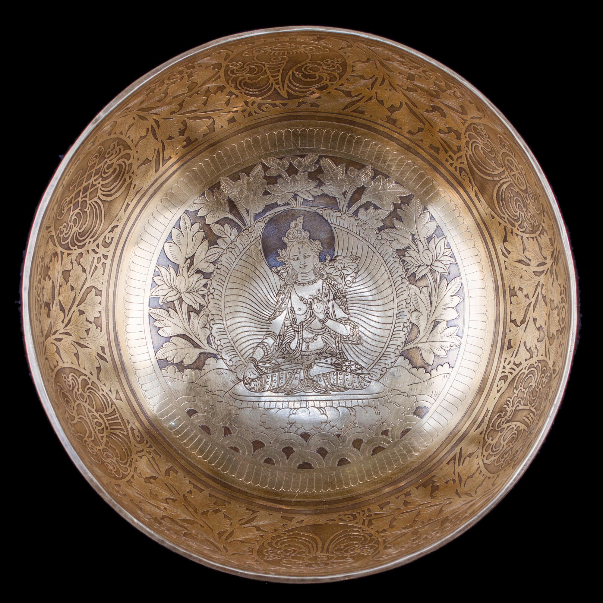 Поющая чаша №1, улучшенный сплав, с гравировкой Белая Тара (26,5 x 10,5 см)
