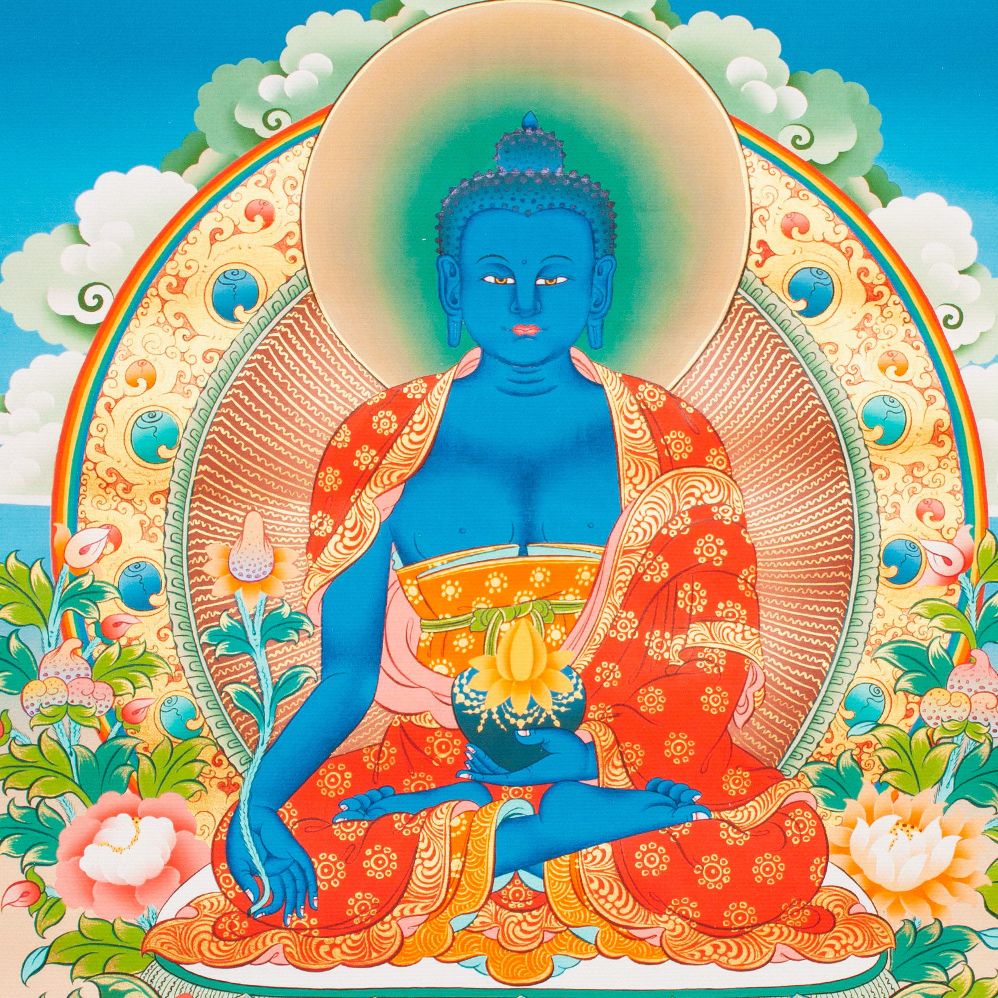 Тханка печатная на холсте Будда Медицины (с желтовато-зеленым нимбом) (29,3 х 42 см)