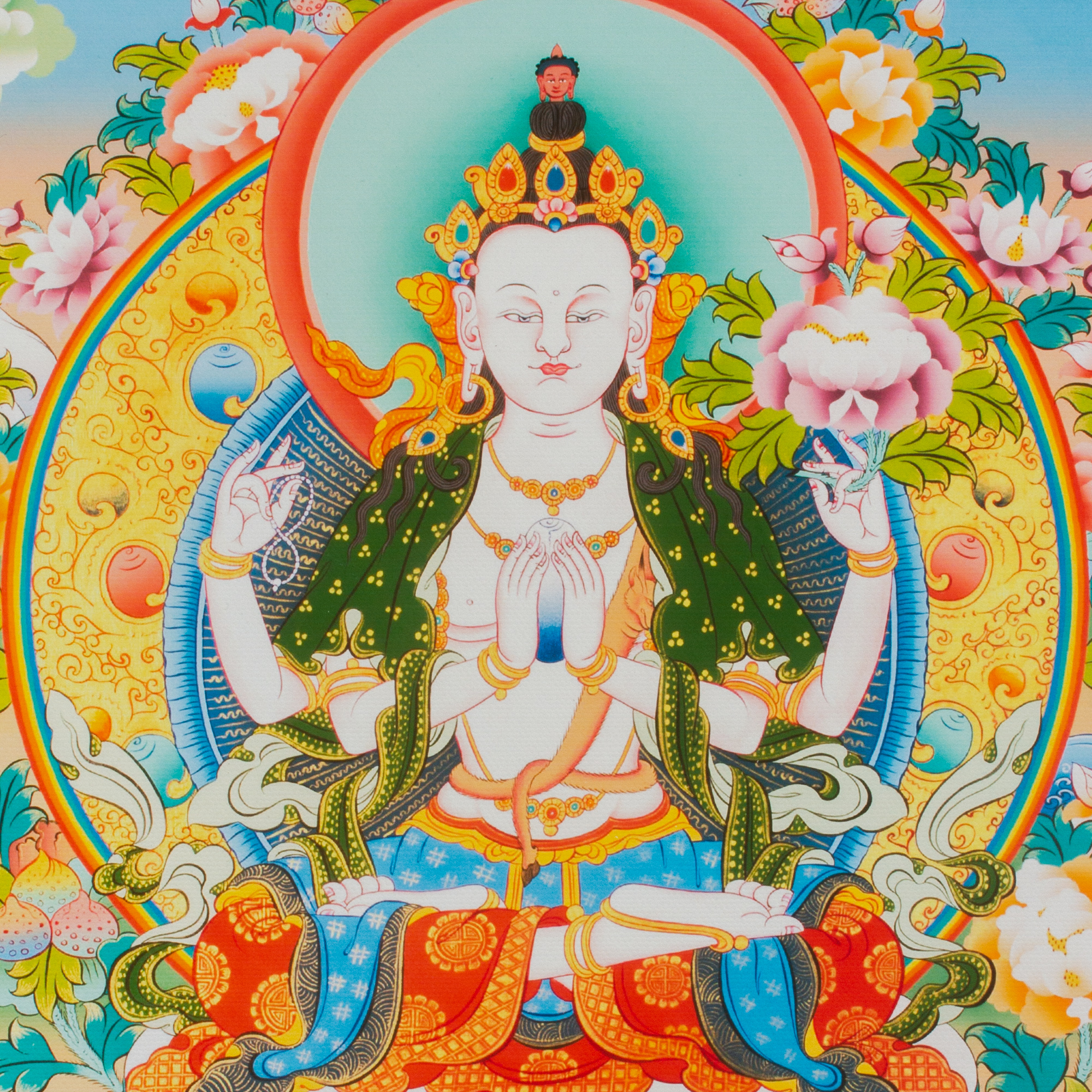 Тханка печатная на холсте Авалокитешвара (32,5 х 45 см), Размер изображения — 32,5 х 42 см