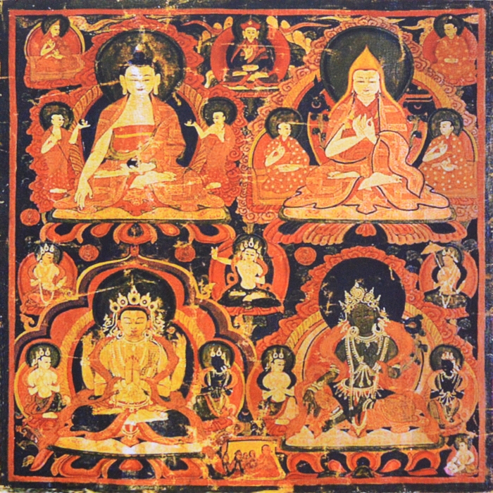 Плакат Будда Шакьямуни, Лама Цонкапа, Авалокитешвара, Зеленая Тара (30 х 30 см)