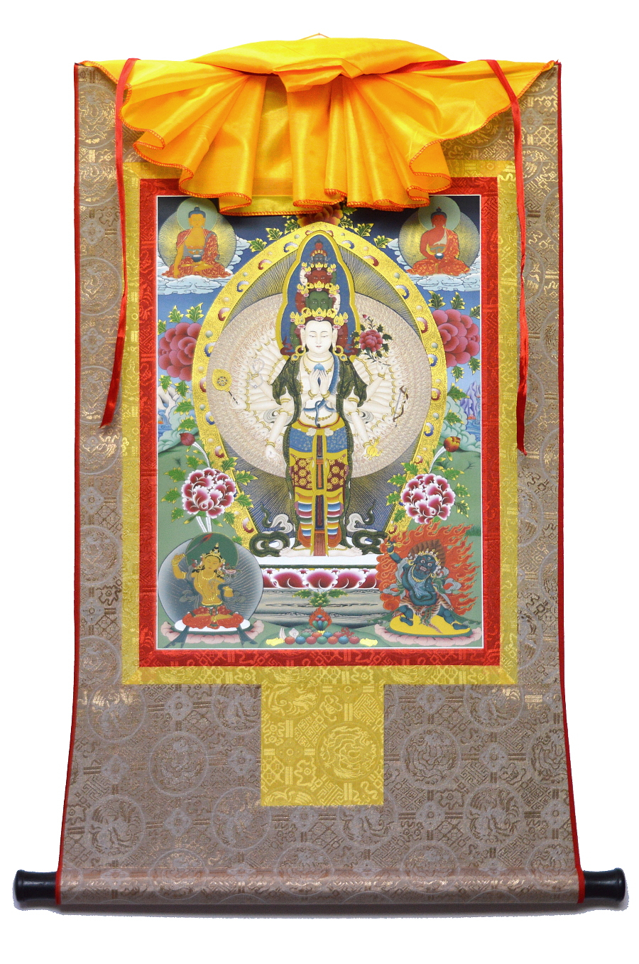 Тханка Ригсум гон-по (Авалокитешвара, Манджушри и Ваджрапани) (печатная, ~51 х 83 см)