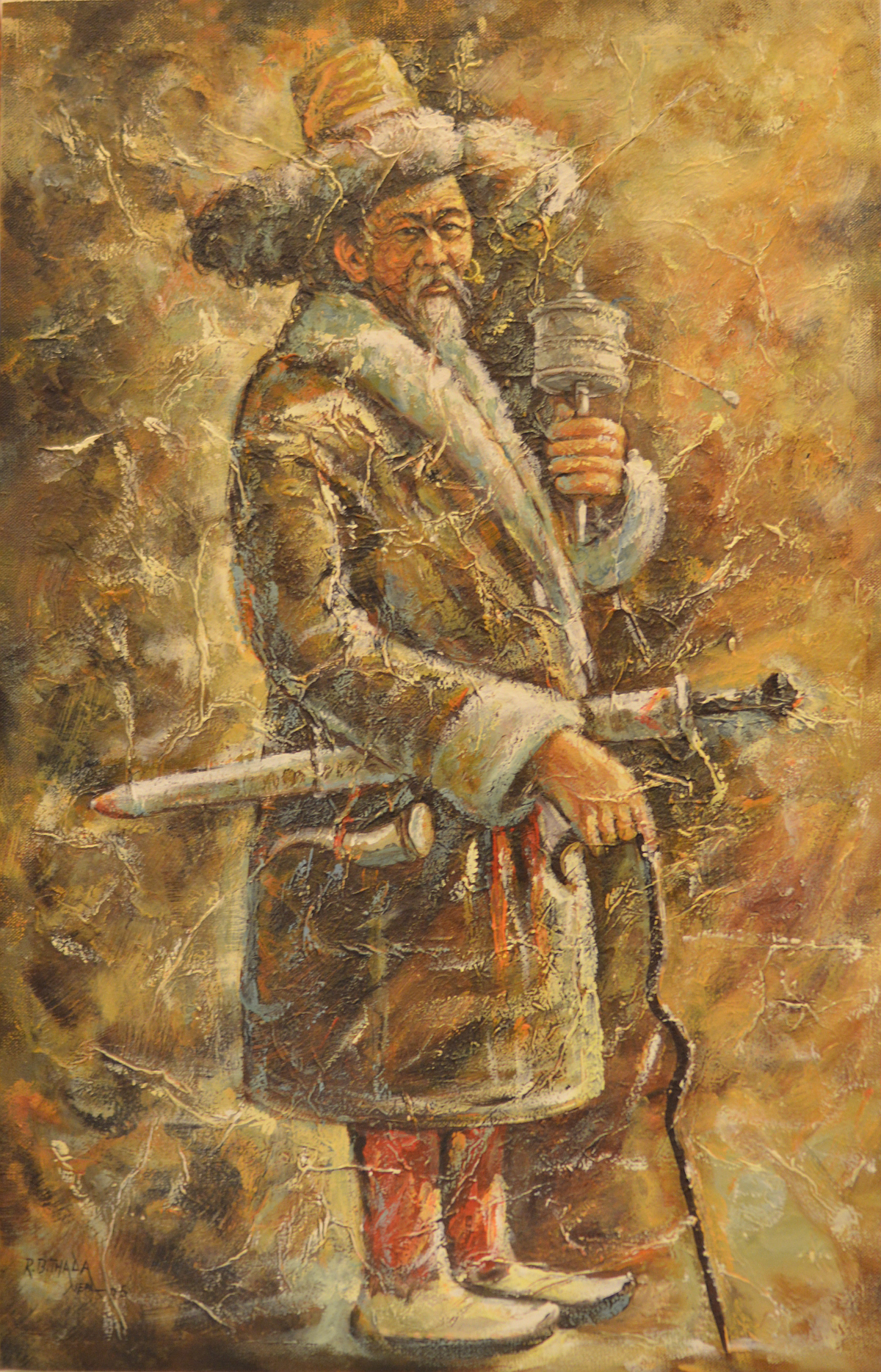 Картина "Тибетец с молитвенным барабаном" (71,5 x 46 x 2 см)