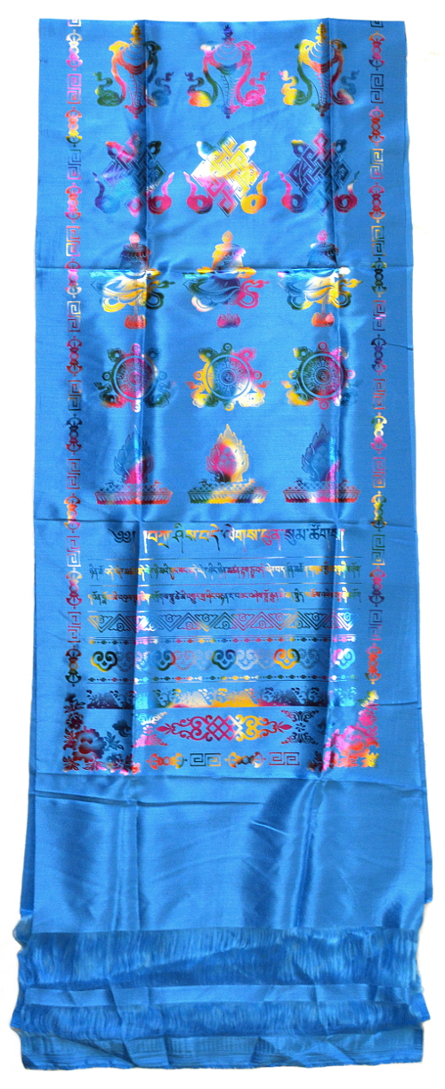 Хадак синий с Восемью Драгоценными Символами (блестящий рисунок, 50 x 260 см)