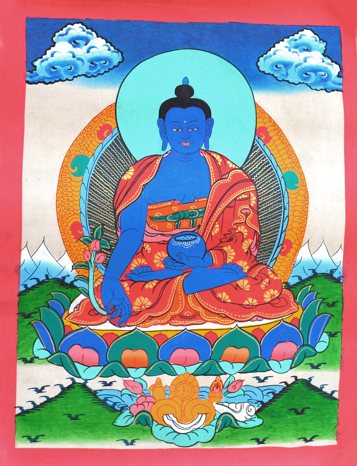 Тханка рисованная Будда Медицины (красная рамка, 30 х 39,5 см)