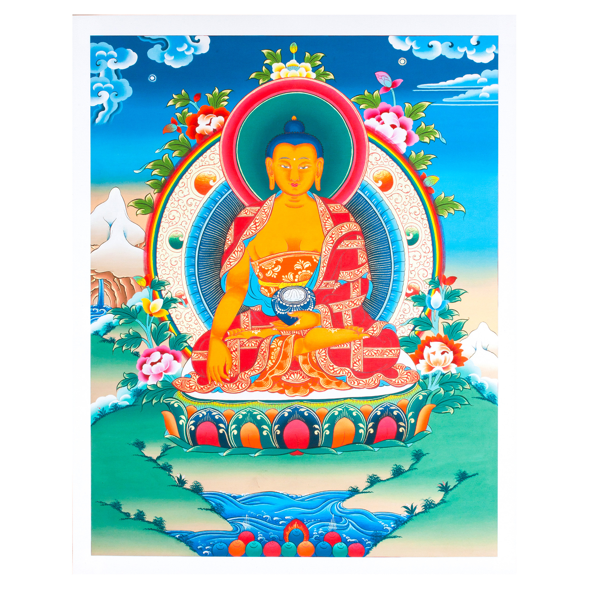 Тханка печатная на холсте Будда Шакьямуни (35,4 х 45 см), Размер изображения — 32,4 х 42 см