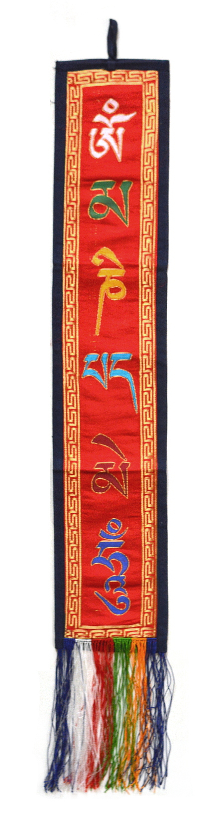 Вымпел с мантрой ОМ МАНИ ПАДМЕ ХУМ (красный с синей каймой, 12,5 x 64 см)