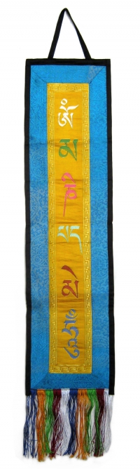 Купить Вымпел с мантрой ОМ МАНИ ПАДМЕ ХУМ (голубой, 20,5 x 80 см) в интернет-магазине Dharma.ru