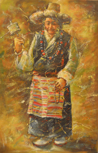 Купить Картина Тибетка с молитвенным барабаном (71,5 x 46 x 2 см) в интернет-магазине Dharma.ru