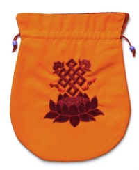 Купить Мешочек для четок (оранжевый с Бесконечным узлом и Лотосом) 18,5 x 23,5 см в интернет-магазине Dharma.ru