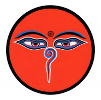 Купить Наклейка Глаза Будды, оранжевый фон, 11 см в интернет-магазине Dharma.ru