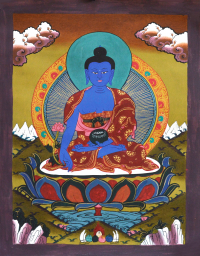 Купить Тханка рисованная Будда Медицины (коричневая рамка, 32 х 41,5 см) в интернет-магазине Dharma.ru