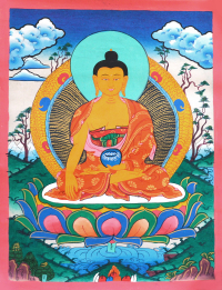 Купить Тханка рисованная Будда Шакьямуни на фоне гор и деревьев (30 х 39 см) в интернет-магазине Dharma.ru