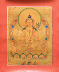 Тханка рисованная Авалокитешвара (29,5 х 36 см) (с использованием золота). 