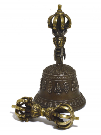 Купить Колокольчик с ваджрой (с мантрой ОМ МАНИ ПАДМЕ ХУМ) 17,5 см, Тибет в интернет-магазине Dharma.ru